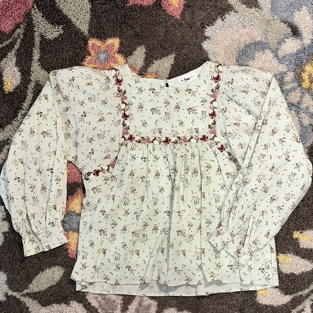 In Bloom Light Green Blouse with Floral Accents NWOT